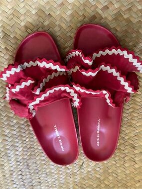 Loeffler Randall Red leather white and red ruffle slides. Retail $385. 9.5